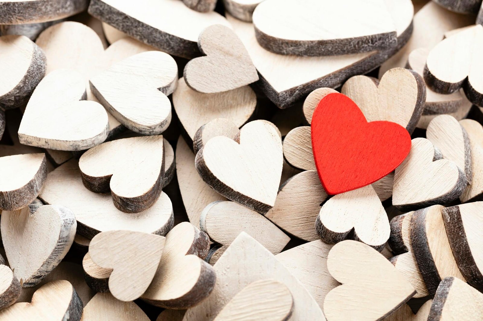 Wooden hearts, one red heart on the heart background.